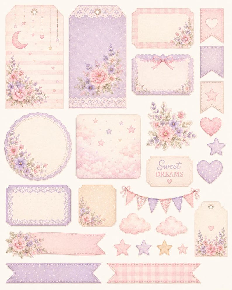 May include: A collection of die-cut paper ephemera featuring pastel pink and purple floral arrangements, clouds, stars, hearts, and bunting. The set includes various tags, labels, and banners, with one rectangular label displaying the text Sweet Dreams.