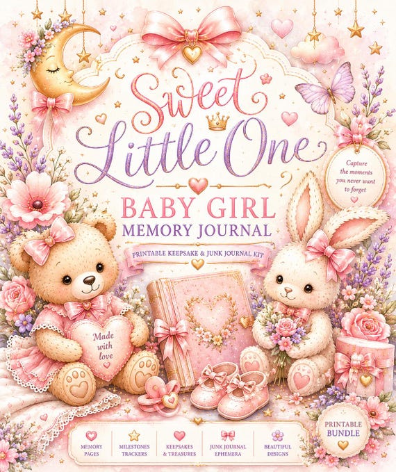 Sweet Little One Baby Girl Memory Journal Collection | Printable Keepsake Junk Journal Bundle