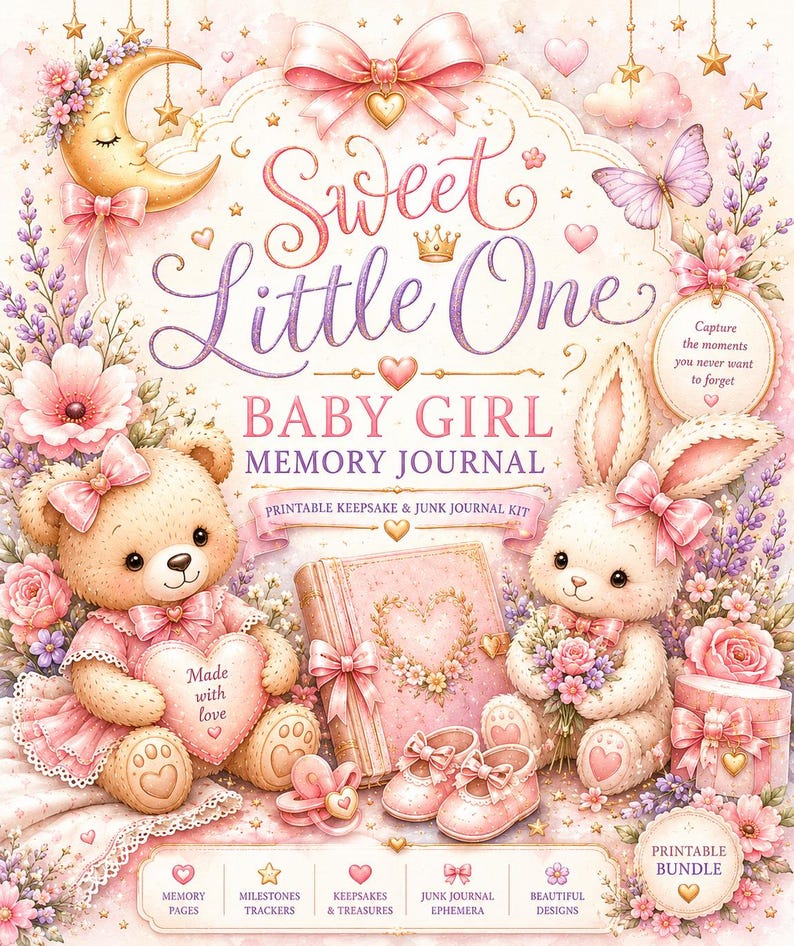 Sweet Little One Baby Girl Memory Journal Collection | Printable Keepsake Junk Journal Bundle image 1