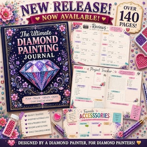 May include: A dark blue hardcover book titled The Ultimate Diamond Painting Journal with a large diamond graphic, surrounded by open pages showing project trackers, review logs, and accessory lists, accompanied by small containers of colorful beads.