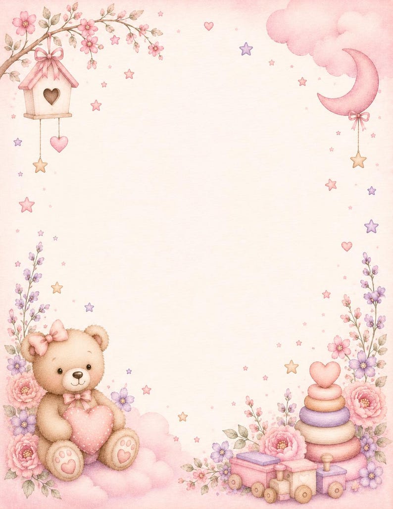 May include: A decorative border illustration featuring a light brown teddy bear holding a pink heart, a pink birdhouse, a crescent moon, a stack of rings, and a toy train, all surrounded by pink and purple flowers, stars, and hearts on a cream background.