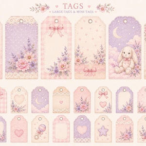 May include: A collection of rectangular gift tags in soft pastel shades of pink and lavender. The designs feature illustrations of flowers, bows, a bunny, a crescent moon, stars, hearts, and a birdhouse. Some tags include the text Sweet BABY GIRL.