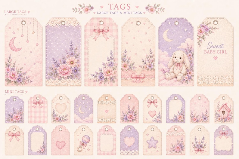 May include: A collection of rectangular gift tags in soft pastel shades of pink and lavender. The designs feature illustrations of flowers, bows, a bunny, a crescent moon, stars, hearts, and a birdhouse. Some tags include the text Sweet BABY GIRL.