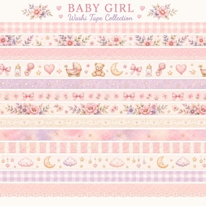May include: A collection of decorative washi tapes featuring various patterns including pink gingham, floral arrangements, lace borders, and baby-themed icons like teddy bears, moons, hearts, and baby bottles, with the text BABY GIRL Washi Tape Collection.