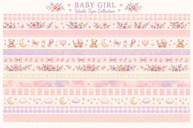 May include: A collection of decorative washi tapes featuring various patterns including pink gingham, floral arrangements, lace borders, and baby-themed icons like teddy bears, moons, hearts, and baby bottles, with the text BABY GIRL Washi Tape Collection.