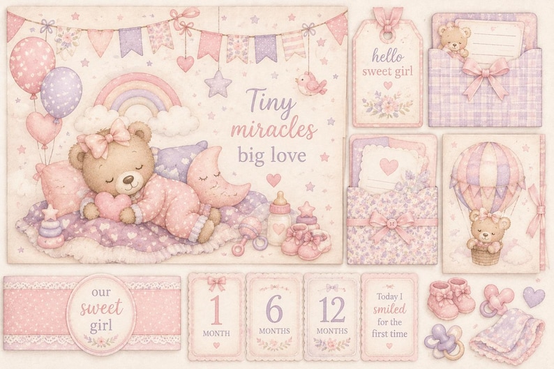 Sweet Little One Baby Girl Memory Journal Collection | Printable Keepsake Junk Journal Bundle image 4
