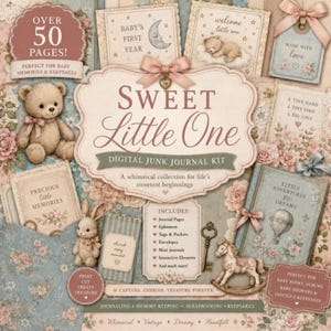 May include: A digital junk journal kit titled Sweet Little One featuring over 50 pages of baby-themed graphics. The design includes illustrations of a teddy bear, a rabbit, a rocking horse, floral patterns, and text elements like Baby's First Year.