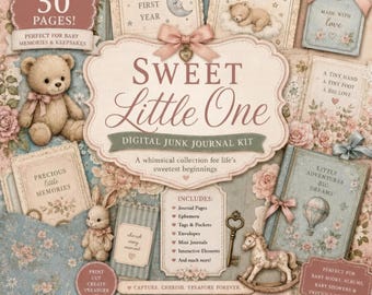 Peut inclure: Un kit de journal numérique intitulé Sweet Little One comprenant plus de 50 pages de graphismes sur le thème des bébés. Le design inclut des illustrations d'ours en peluche, de lapin, de cheval à bascule, de fleurs et des textes comme Baby's First Year.