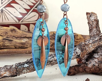 Stained Glass Native, Tribal, Drop Earrings with antique copper charms
