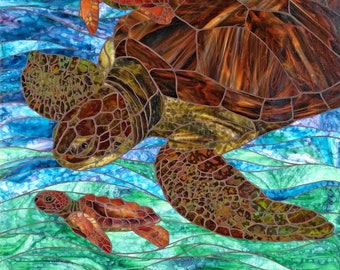 Loggerhead Sea Turtle Stained Glass Mosaic Wall Panel