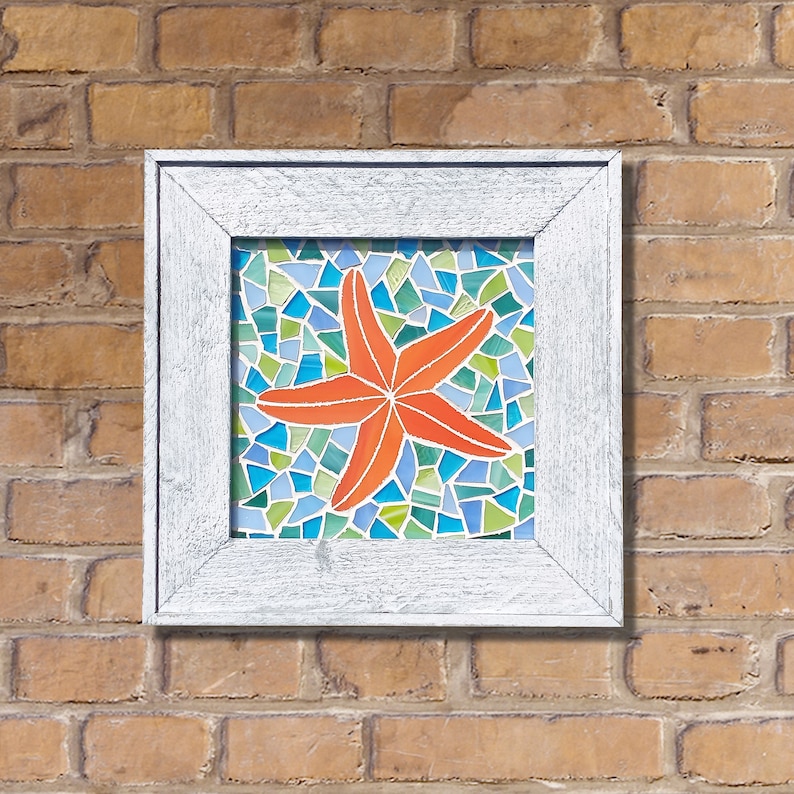 Framed Starfish Stained Glass Mosaic Wall Tile Aqua Lime
