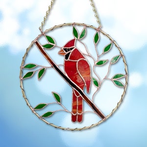 Cardinal Stained Glass Suncatcher, 10&quot; round