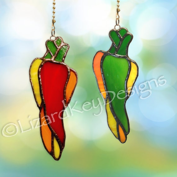 Stained Glass Tricolor Chili Peppers suncatcher, fan pull, ornament