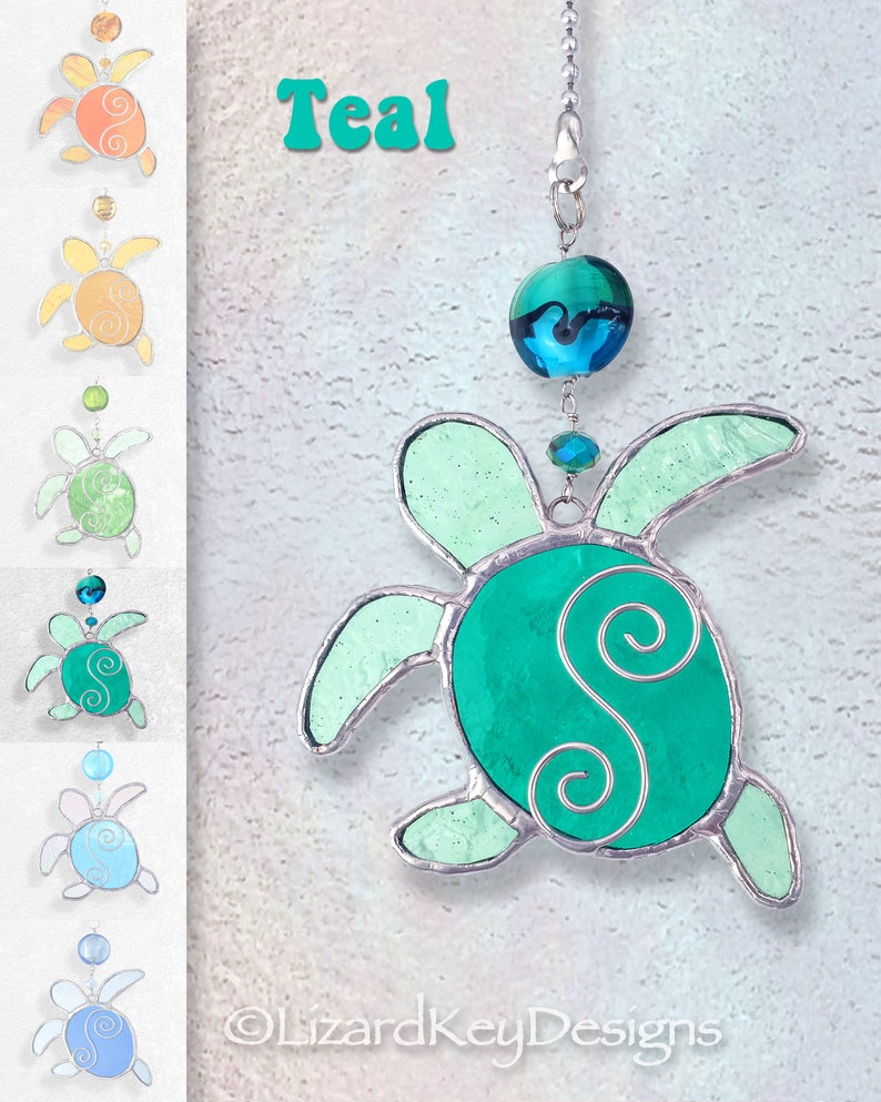 Stained Glass Baby Sea Turtle Hatchling Fan Pull, Suncatcher, Ornament TEAL