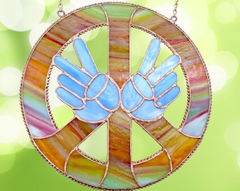 Peace Sign with Victory Hands Tie Dye Stained Glass