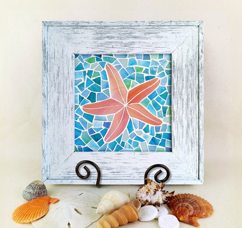 Framed Starfish Stained Glass Mosaic Wall Tile image 5