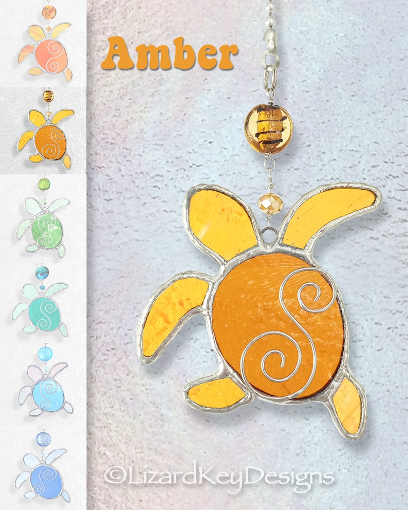 Stained Glass Baby Sea Turtle Hatchling Fan Pull, Suncatcher, Ornament AMBER