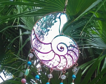 Nautilus Shell Suncatcher: Iridescent Glass & Copper Mobile