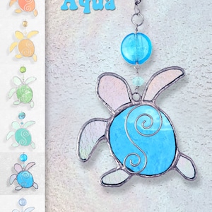 Stained Glass Baby Sea Turtle Hatchling Fan Pull, Suncatcher, Ornament AQUA