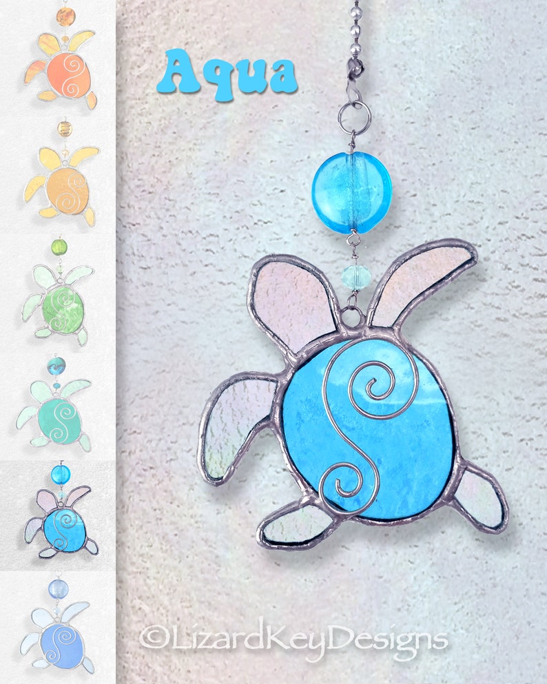 Stained Glass Baby Sea Turtle Hatchling Fan Pull, Suncatcher, Ornament AQUA