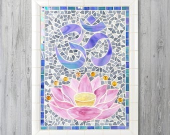 Om and Lotus Flower Stained Glass Mosaic - "Lotus Moon Rising "