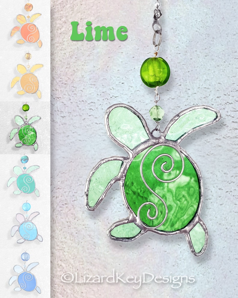 Stained Glass Baby Sea Turtle Hatchling Fan Pull, Suncatcher, Ornament LIME