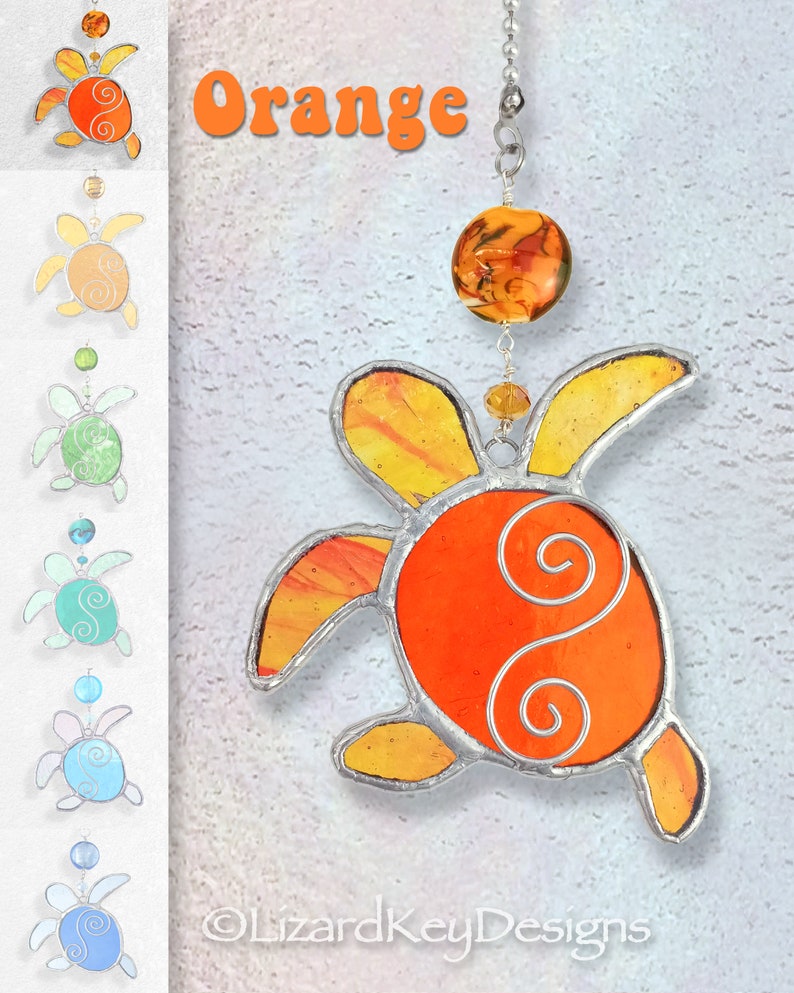 Stained Glass Baby Sea Turtle Hatchling Fan Pull, Suncatcher, Ornament ORANGE