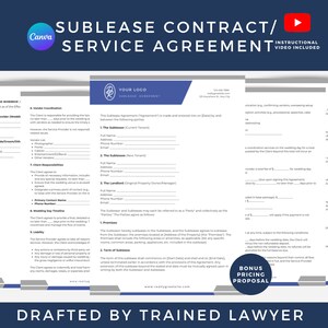 Könnte beinhalten: Ein weißes Dokument mit dem Titel "SUBLEASE CONTRACT/ SERVICE AGREEMENT" mit dem Canva-Logo. Das Dokument enthält Abschnitte für die Koordination von Anbietern, Kundenverantwortlichkeiten und Haftung. Der Text unten lautet "DRAFTED BY TRAINED LAWYER".