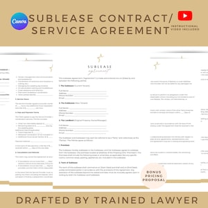 Könnte beinhalten: Ein weißes und goldenes Dokument mit dem Titel "SUBLEASE CONTRACT/ SERVICE AGREEMENT" mit dem Canva-Logo. Das Dokument enthält Abschnitte für Unterschriften und Details. Ein YouTube-Symbol weist auf ein Lehrvideo hin. Der Text "BONUS PRICING PROPOSAL" ist ebenfalls sichtbar.
