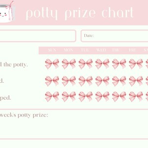 Puede incluir: Un gráfico de entrenamiento para ir al baño de color rosa y blanco con un inodoro de dibujos animados y el texto "potty prize chart". El gráfico tiene espacios para el nombre del niño y la fecha, e incluye una cuadrícula con los días de la semana y espacios para pegatinas. El gráfico también incluye el texto "I used the potty", "I peed" y "I pooped".