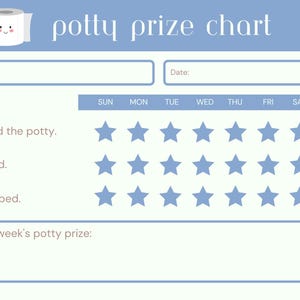 May include: A blue and white printable potty training chart with a cartoon toilet and stars. The chart has spaces for a child's name, the date, and days of the week. It includes the phrases "I used the potty", "I peed", and "I pooped". There is a space at the bottom for "This week's potty prize".