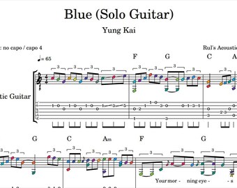 Blue by Yung Kai, Lesson Solo Guitar Tablature Notes Chords Lyrics pdf + Audio