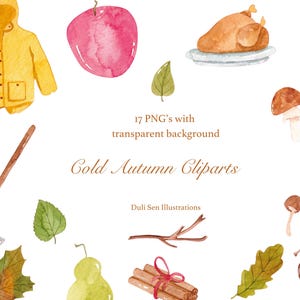 Elementos de otoño frío Clipart - 17 elementos PNG transparentes (acuarela hecha a mano - Descarga instantánea)