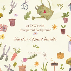 Clipart d'élément de jardin - 49 éléments PNG transparents (aquarelle faite main - téléchargement immédiat)