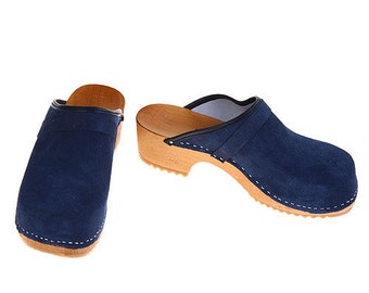 Suede Leather Clogs blue