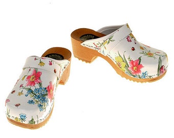Floral Print Leather Clogs, Beech Wood Arch Support