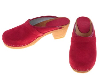 High heel Clogs suede leather red