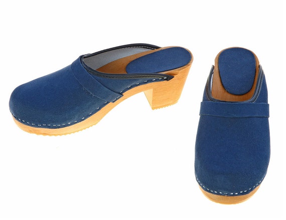 blue suede clogs