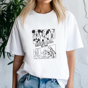 Mickey & Co. Comic Strip T-Shirt | Disney Character Line Art Tee | Mickey, Minnie, Goofy, and Friends Shirt
