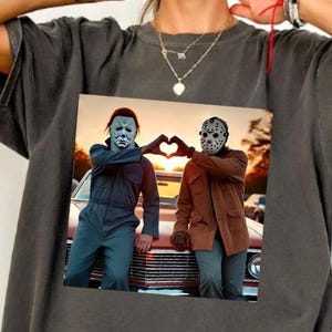 90s Horror Movie Shirt, Jason and Michael Myers Halloween Heart Hands T-Shirt, Myers Thriller Friday the 13th Horror, Meyers Halloween Shirt