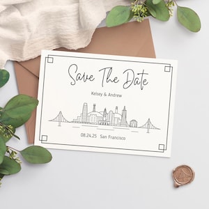 Plantilla para guardar la fecha con el horizonte de San Francisco, boda editable en el puente Golden Gate, imprimible moderno, descarga instantánea, cáscara de huevo y negro