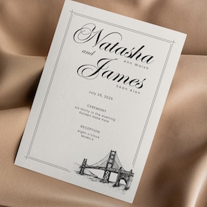 San Francisco Wedding Invitation Template, Editable Golden Gate Bridge Wedding Invite, Modern Printable, Instant Download, Eggshell & Black