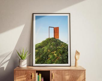 Wooden Door Surreal Landscape Digital Art, Fantasy Wall Art, Dreamlike Poster, Magical Nature Hilltop Scene, Whimsical Home Decor, A1–A4