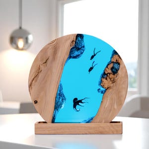 Ocean Diver Resin Night Light – Custom Epoxy Wood Lamp with Shark & Manta Ray | Blue Sea Lamp Gift.custom resin epoxy lamp,christmas gift