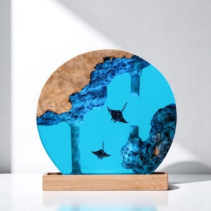 Ocean Manta Ray Resin Lamp | Underwater Epoxy Wood Light | Atlantis Theme Night Light | Handmade Marine Life Decor | Unique Ocean Gift