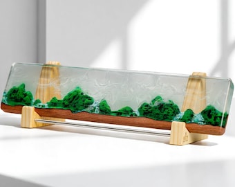 Mountain Forest Resin Wrist Rest – Wooden Epoxy Keyboard Wrist Pad, Blue White Custom Resin, Desk Accessory, Gamer Gift, Office Decor