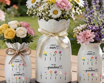 Jarrón personalizado para flores de nacimiento "Primera mamá, ahora abuela", jarrón floral personalizado con nombre, regalo único para madre/abuela/nanny/abuela.