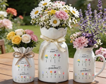 Vase de naissance personnalisé première maman maintenant grand-mère, fleur souvenir personnalisé avec vase nom, cadeau unique pour mère/grand-mère/grand-mère/grand-mère