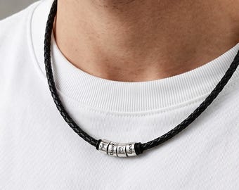 Gepersonaliseerde leren naamketting voor heren, op maat gegraveerde sieraden, uniek Vaderdagcadeau voor vader, opa, echtgenoot verjaardagscadeau