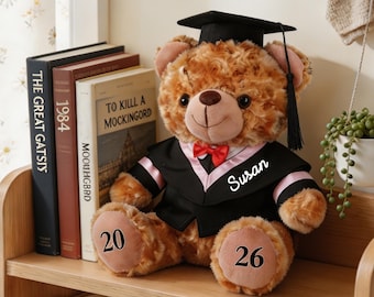 Oso de graduación personalizado con nombre, oso de peluche de graduación con birrete, oso de graduación con título personalizado, regalo de graduación universitaria